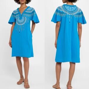 Johnny Was Kastoria Blue Shift Dress Gauze Embroidered S Oversized Braid Mandala